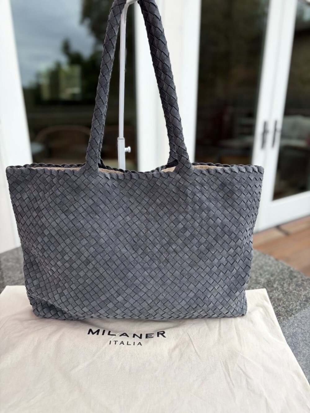 Milaner - The Classic Elena Woven Handbag in Blue Suede - Like New